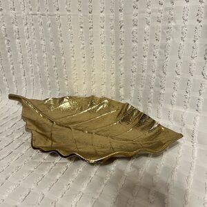 Gold Leaf Decorative Tray Metallic Textured Botanical Catchall Centerpiece 14.5"